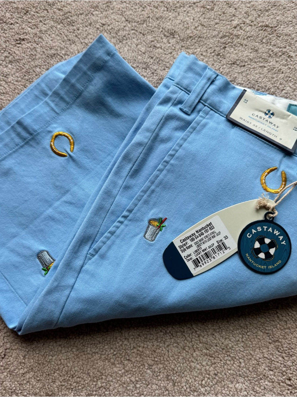 Castaway Nantucket Men's 33 (34) Lucky Mint Julep Embroidered Shorts Lt Blue NWT